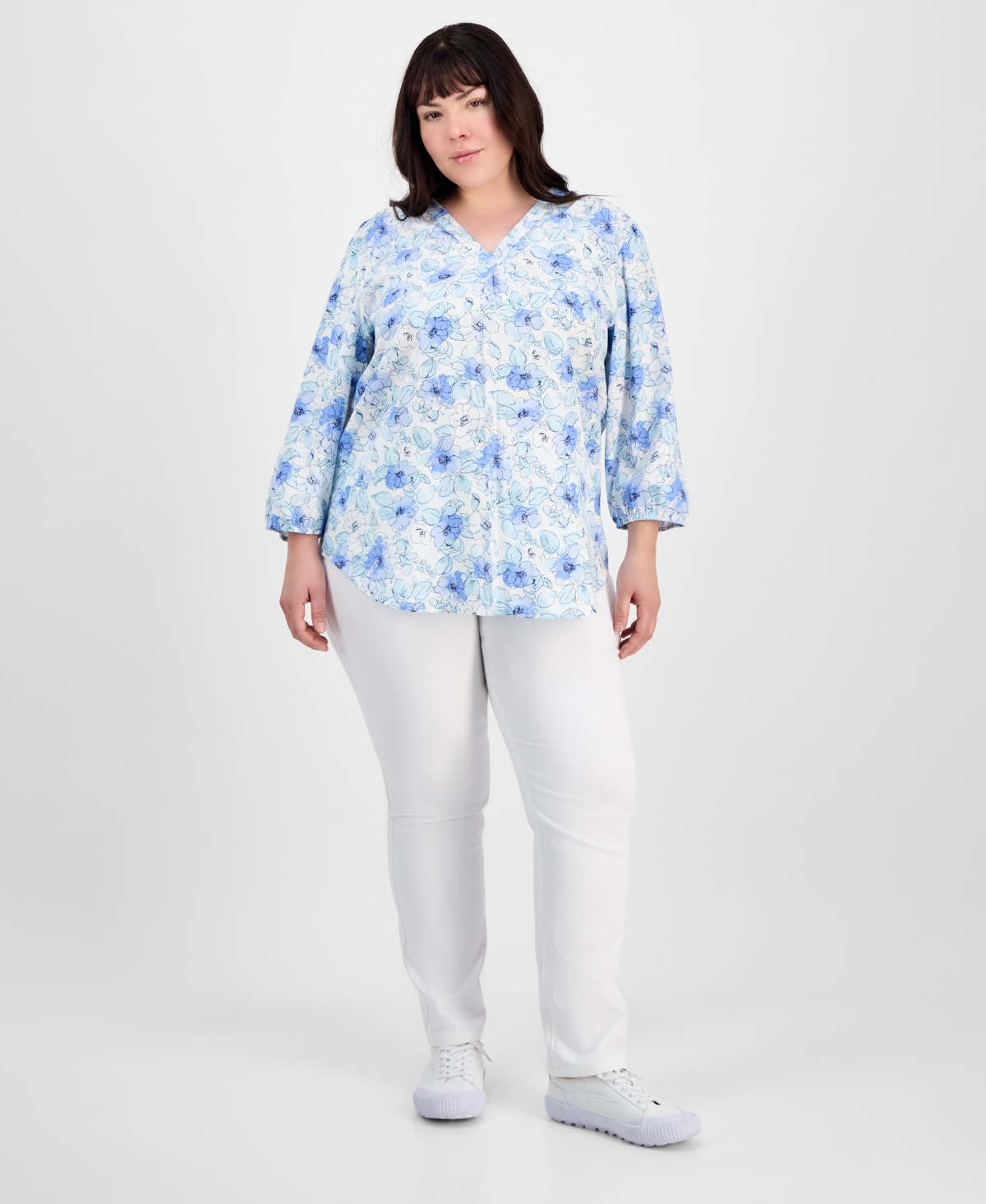 Shop Jones New York Plus Size Floral-print Linen-blend Tunic In Nyc White