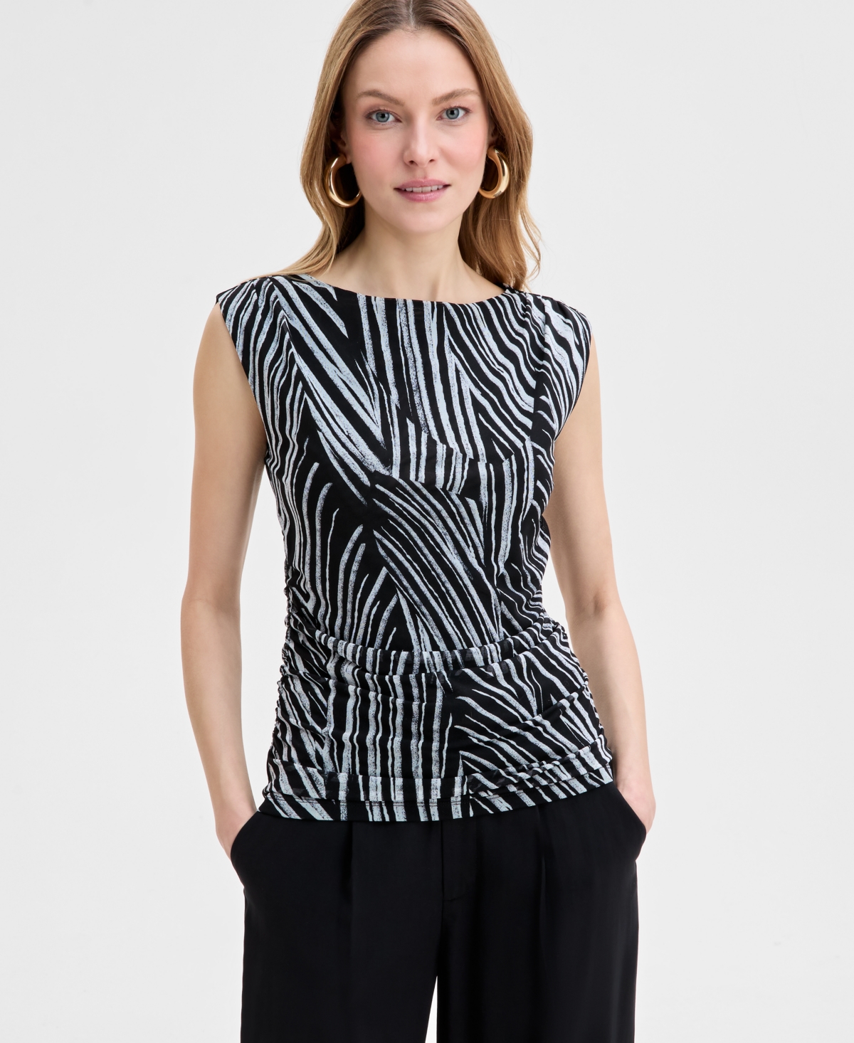 Inc International Concepts Women's Printed Sleeveless Shell Top, Exclusively At Macy's In Black