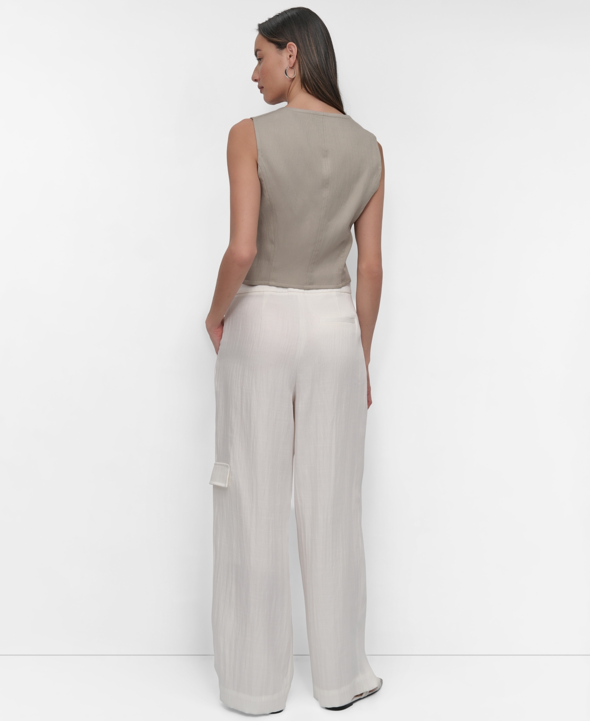 Shop Dkny Women's Front-zip Scoop-neck Seamed-corset Top In Vintage Khaki