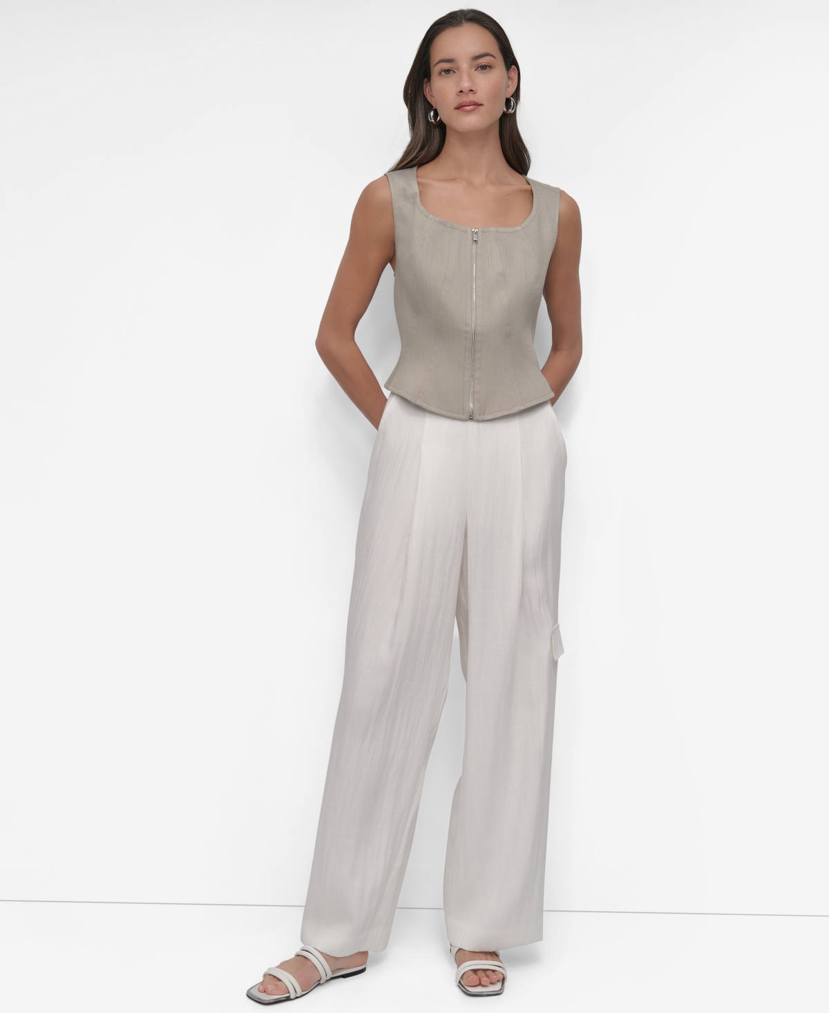 Shop Dkny Women's Front-zip Scoop-neck Seamed-corset Top In Vintage Khaki