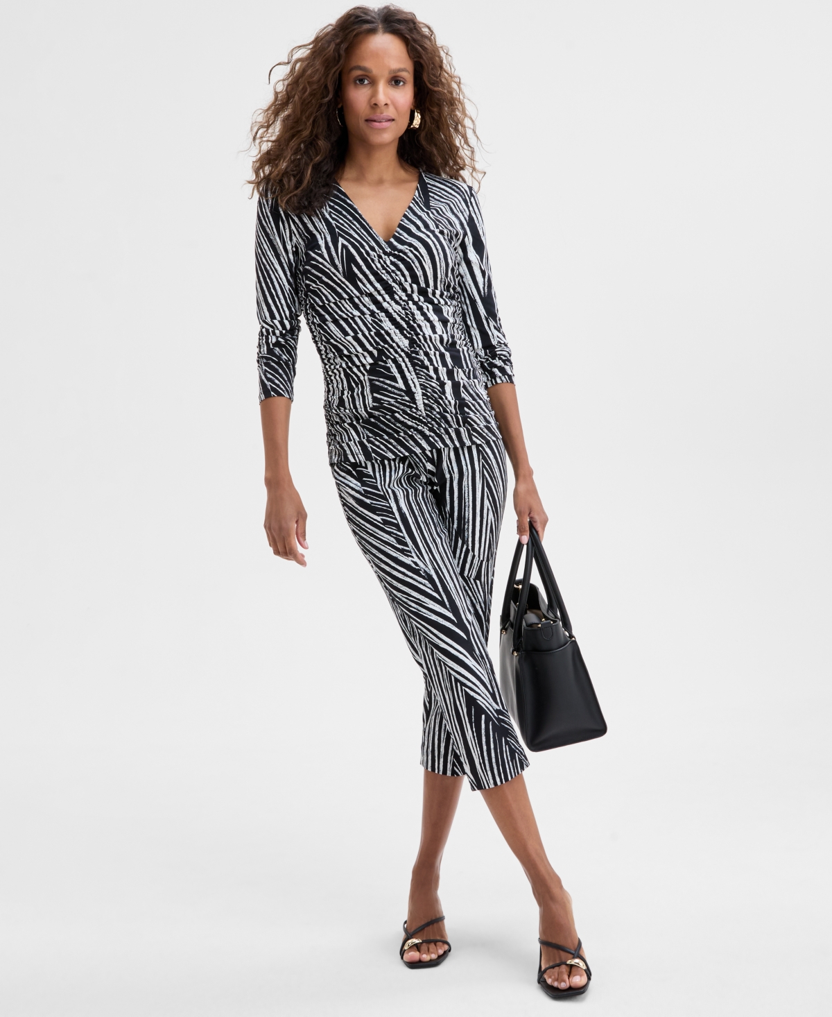 Inc International Concepts Women's Printed Ruched-front V-neck Top, Exclusively At Macy's In Piastripe-black