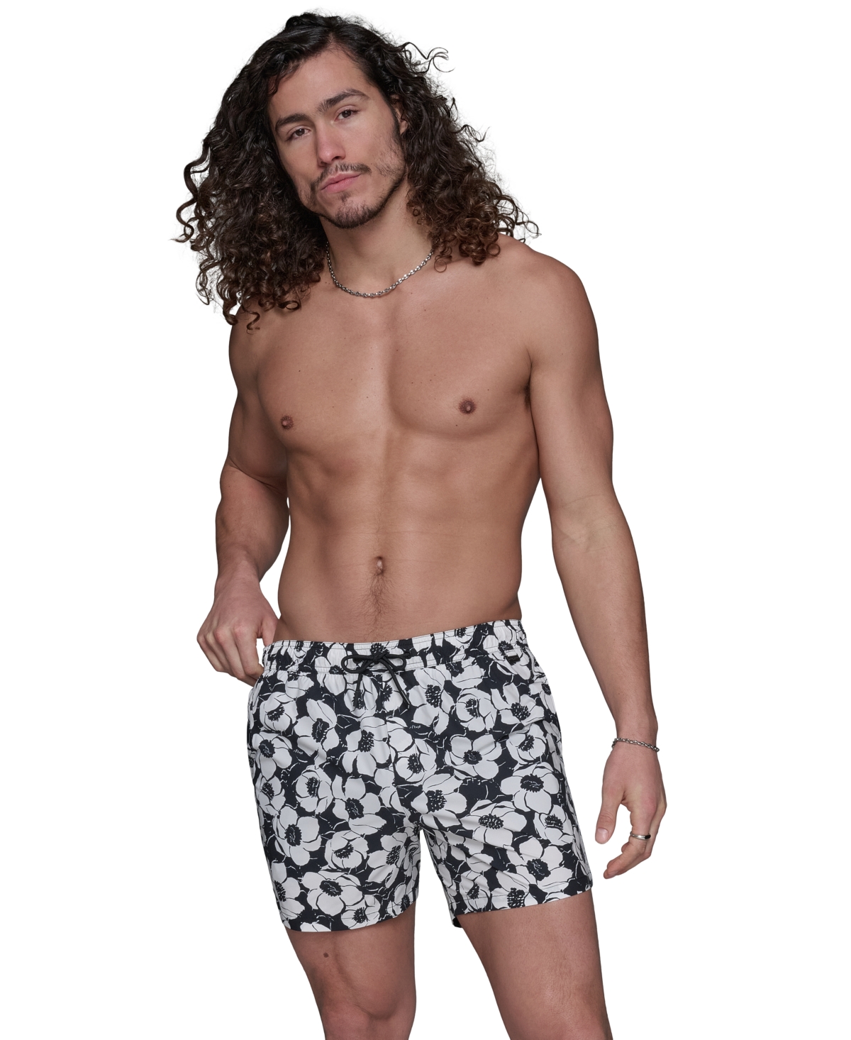 Karl Lagerfeld Men's Regular-fit Quick-dry Floral 5" Swim Trunks In Black