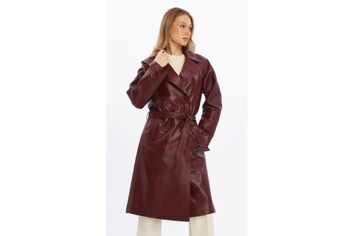 Women's Leather Trench Coat - Burgundy