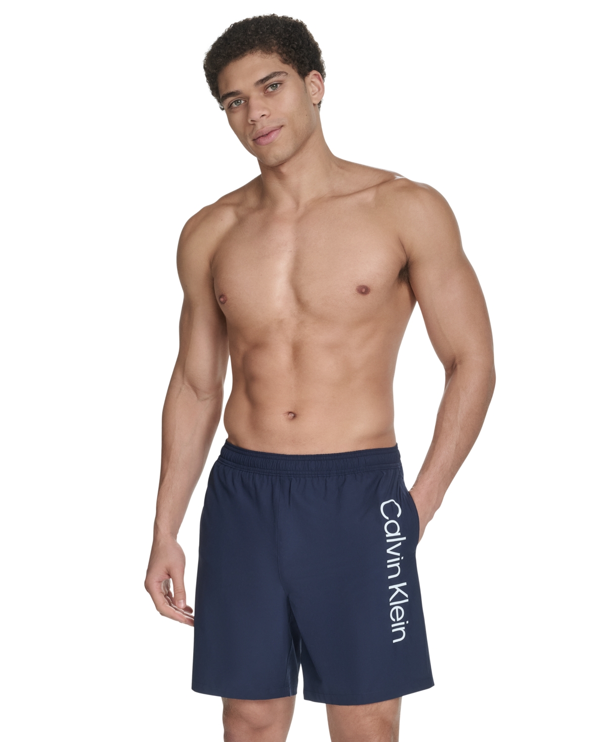 Calvin Klein Men's Regular-fit Quick-dry 5" Swim Trunks With Compression Short Liner In Navy