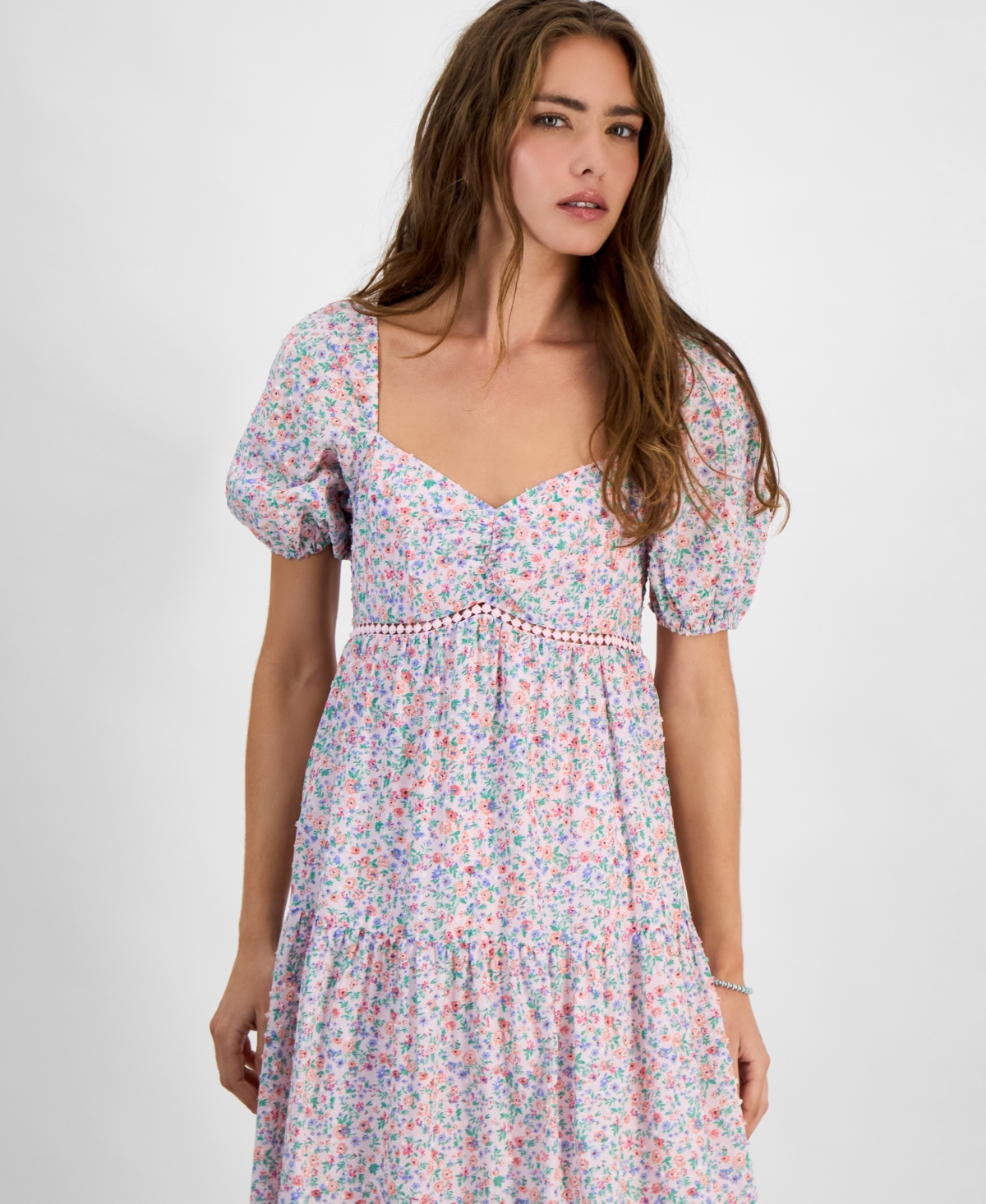 KINGSTON GREY JUNIORS' FLORAL TIERED PUFF-SLEEVE MIDI DRESS 