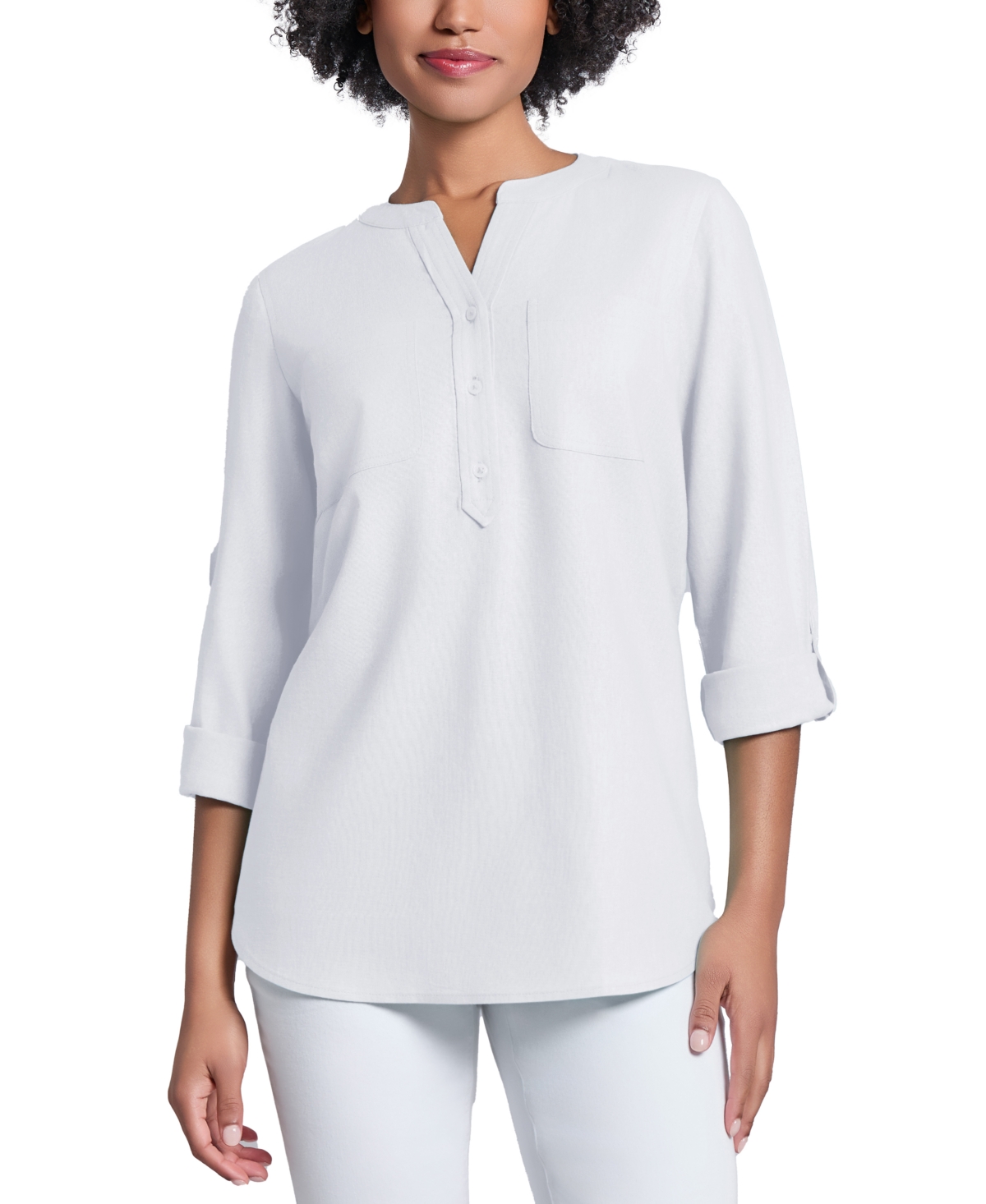 Jones New York Roll Cuff Linen Blend Tunic In Jones White