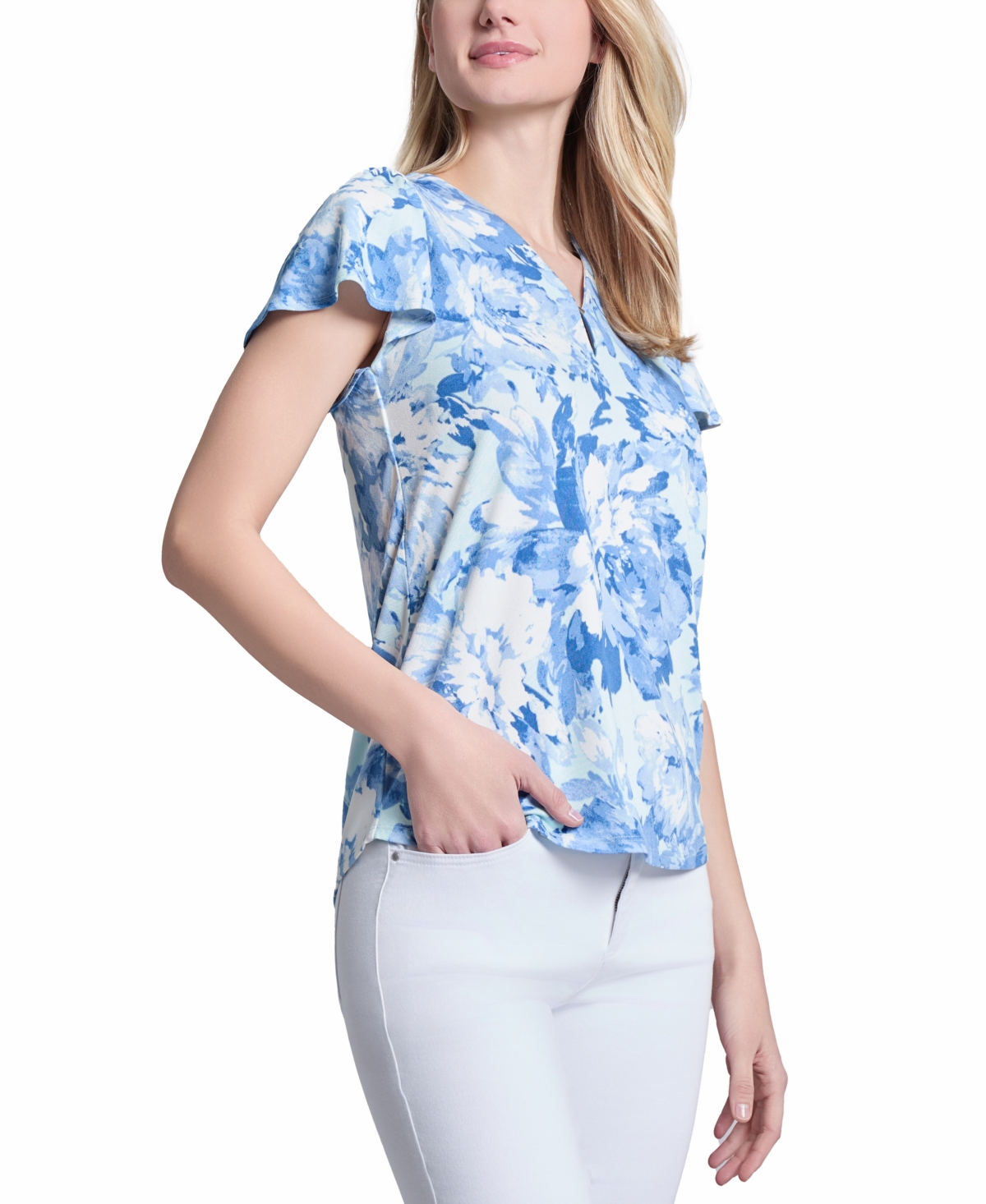 Jones New York Floral Flutter Sleeve Top In Soft Seaglass Multi