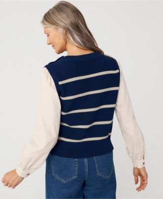 Women's Drifter Shaker Button Shoulder Sweater Vest with Poplin Sleeves