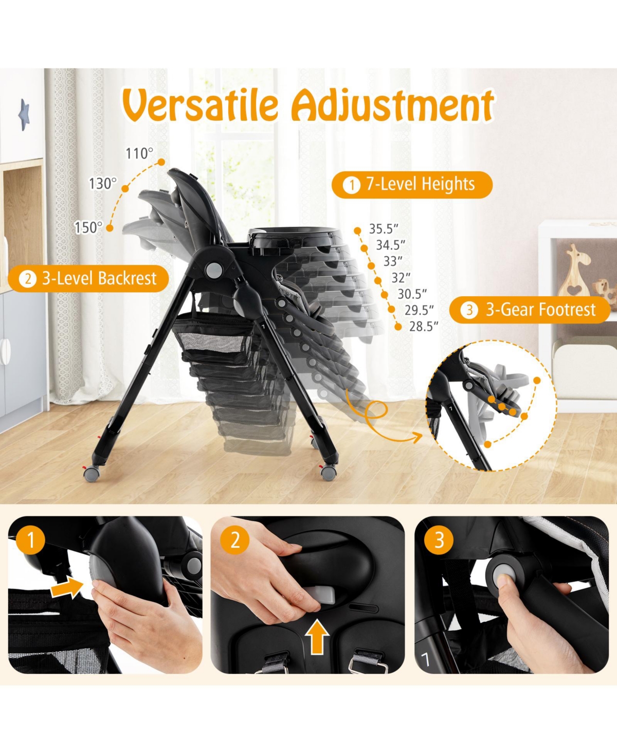 Multifunctional Folding Baby High Chair with Rolling Wheels and Adjustable Height