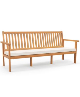 Outdoor 3-Seat Wood Bench with Seat Cushion and Slatted Seat