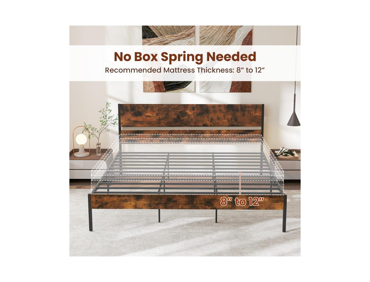 Metal Bed Frame with Wooden Headboard and Footboard