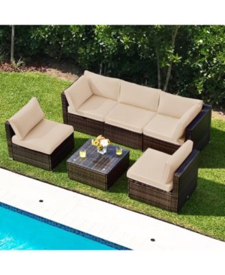 6 Pieces Patio Rattan Furniture Set with Cushions and Glass Coffee Table