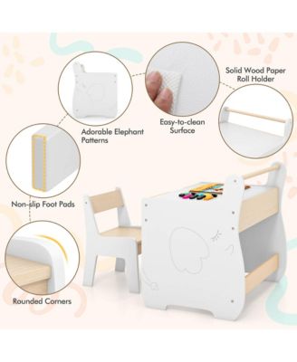 3-in-1 Wood Detachable Tabletop, Hidden Storage &amp; Paper Roll - Kids Table and Chair Set