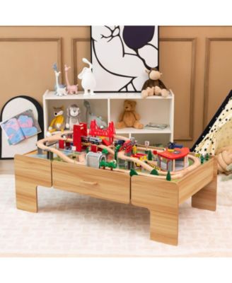 Kids Double-Sided Wooden Train Table Playset with Storage Drawer