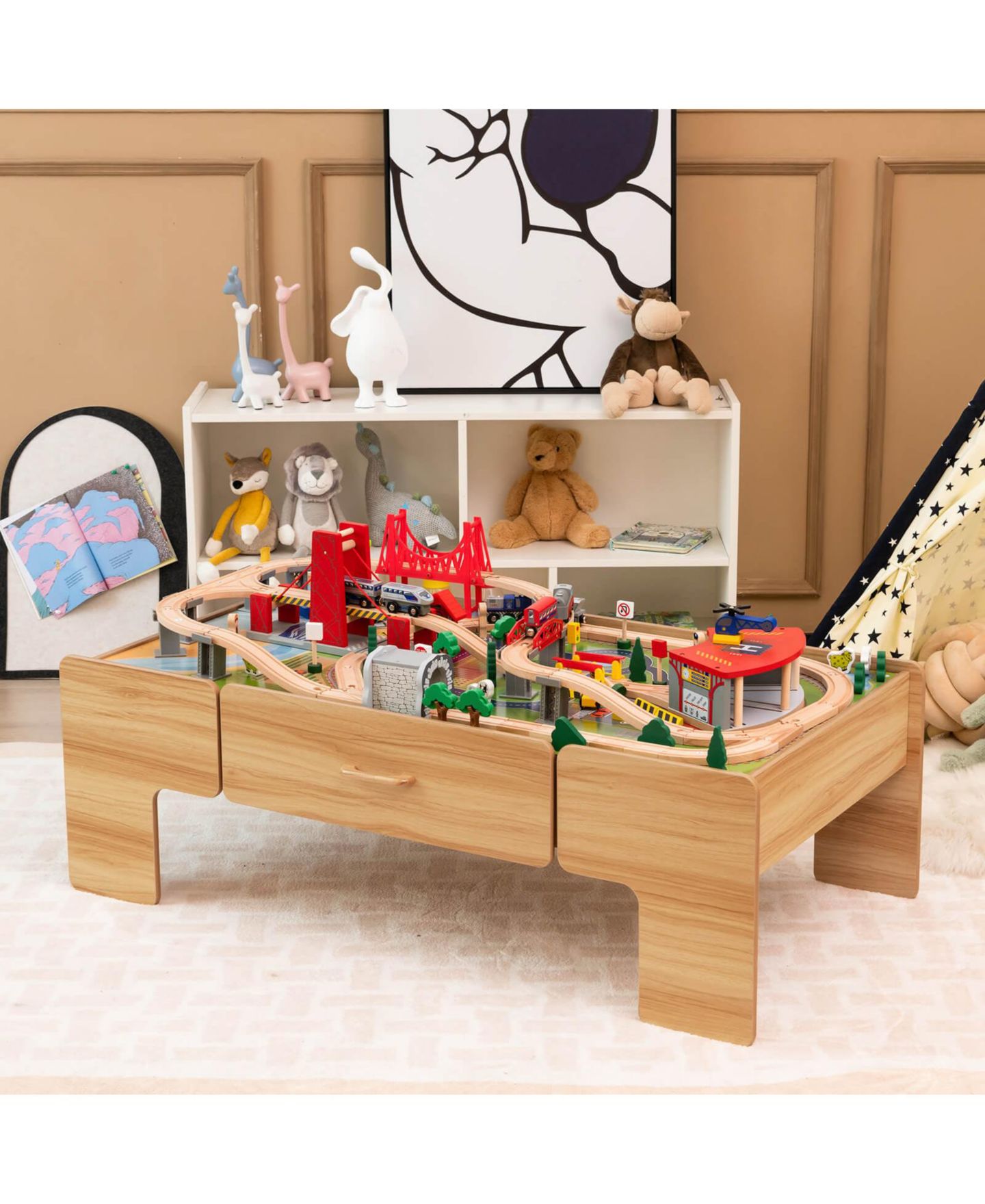 Детский игровой набор Slickblue 100-Piece Battery-Powered Double-Sided Wooden Train Table Playset, цвет: Натуральный — фото 2