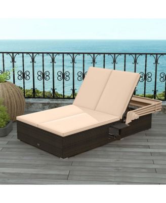 2-person Rattan Lounge Bed with Retractable Canopy 5-position Adjustable Backrest