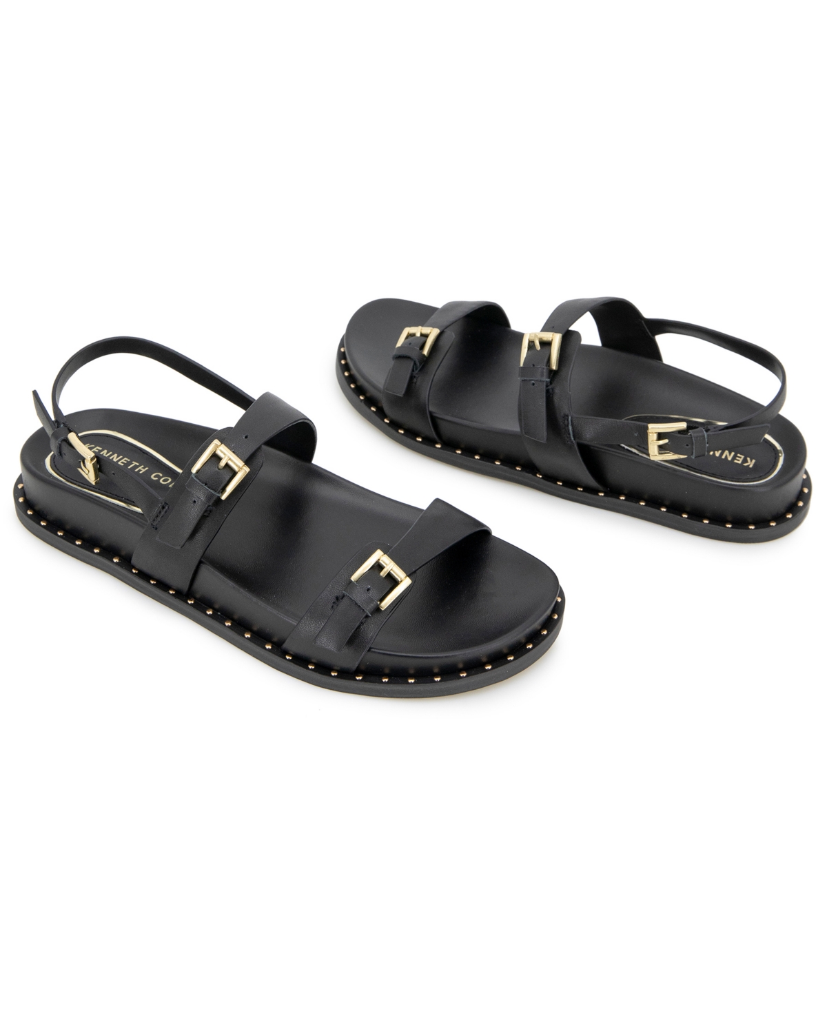 Kenneth Cole New York Women's Drinity Round Toe Flat Sandals In Black Leather