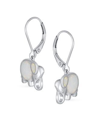 Lucky Elephant Dangle Earrings with White Opal Sterling Silver