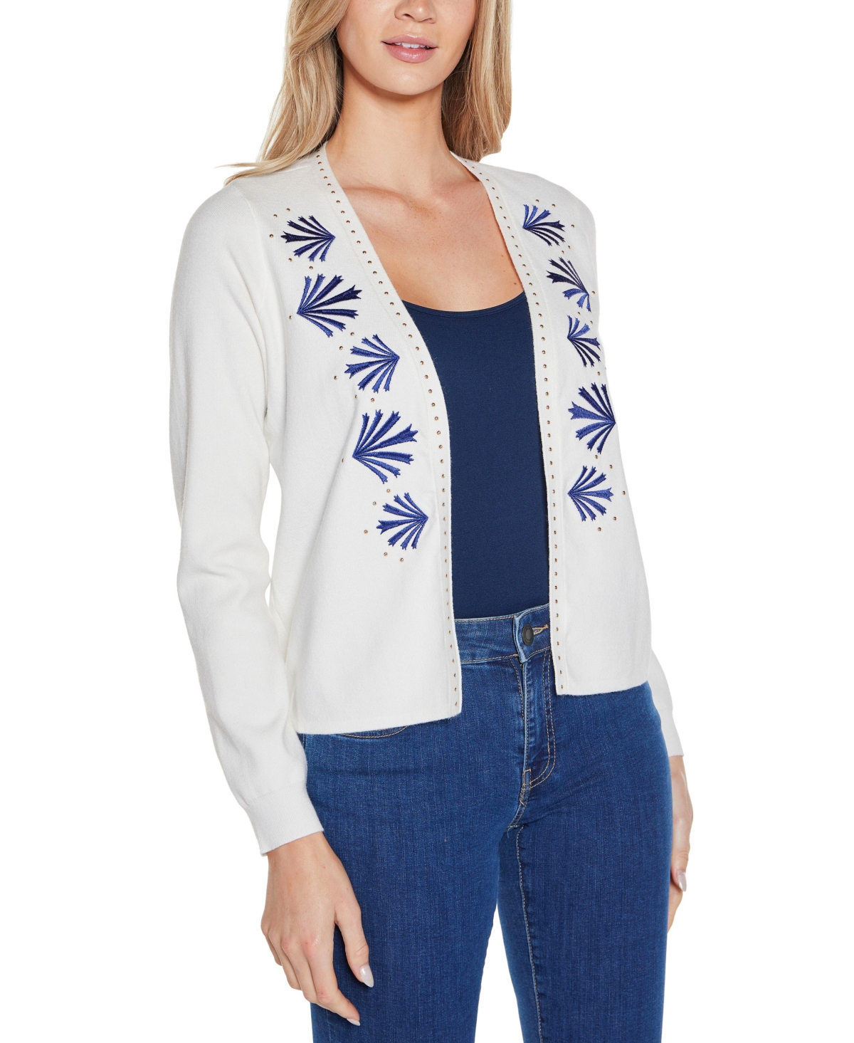 BELLDINI WOMEN'S BLACK LABEL EMBROIDERED OPEN-FRONT CARDIGAN SWEATER 