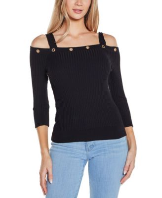 Women's Rhinestone Grommet Cold-Shoulder Sweater