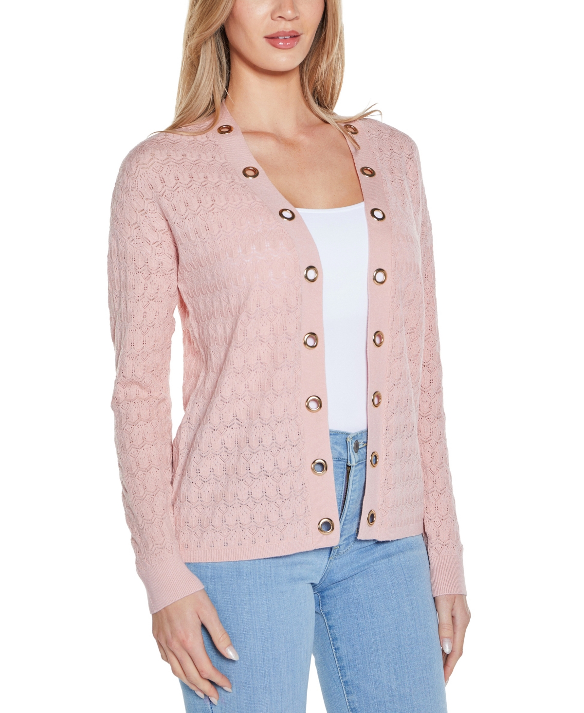 Belldini Women's Pointelle And Grommet Open Cardigan Sweater In Smokey Rose