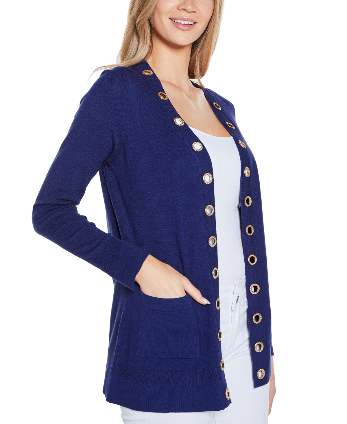 Shop Belldini Women's Rhinestone Grommet Open-front Cardigan Sweater In Twilight Blue