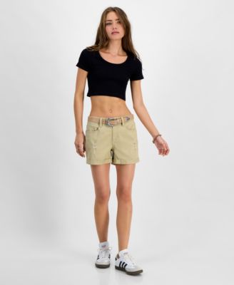 Juniors' Belted Ripped Cuffed Shorts