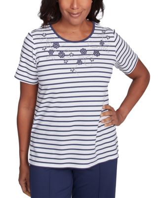 Petite Beaded-Floral Striped Crewneck Top