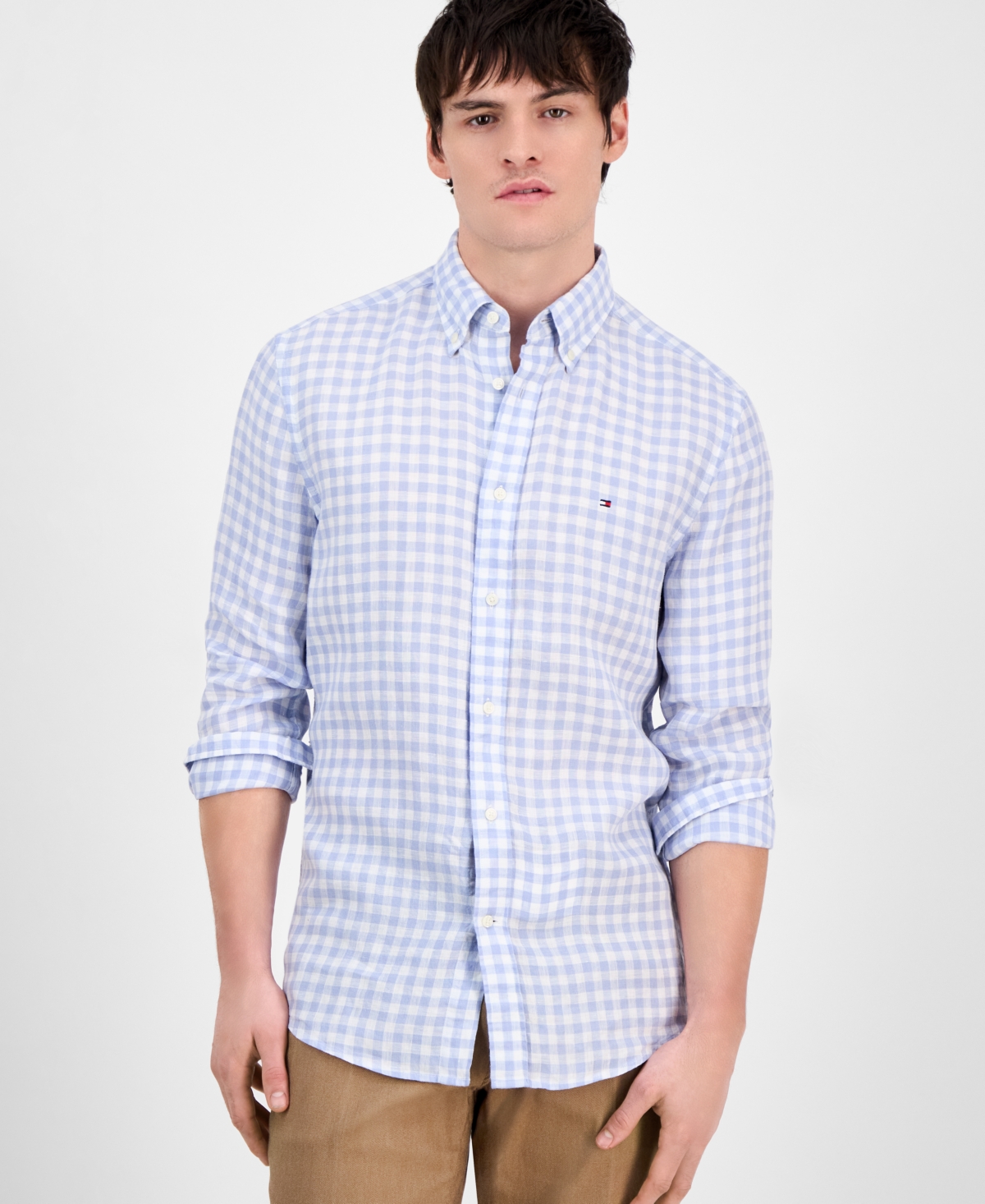 Shop Tommy Hilfiger Men's Slim-fit Gingham Linen Shirt In Breezy Blue,check