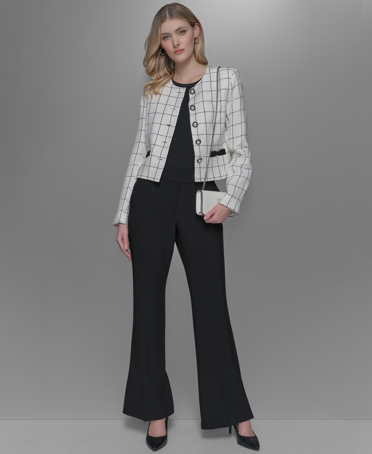 Shop Karl Lagerfeld Women's Windowpane-print Jacket In Soft White,black
