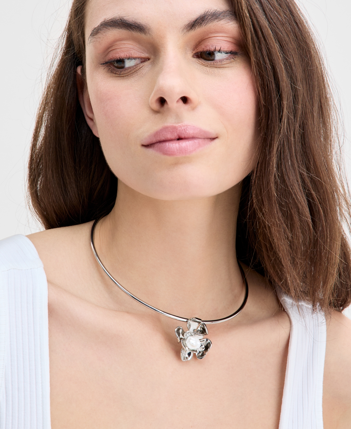 Inc International Concepts Rhodium-plated Imitation Pearl Flower 5-3/4" Structured Pendant Necklace, Exclusively At Macy's In White