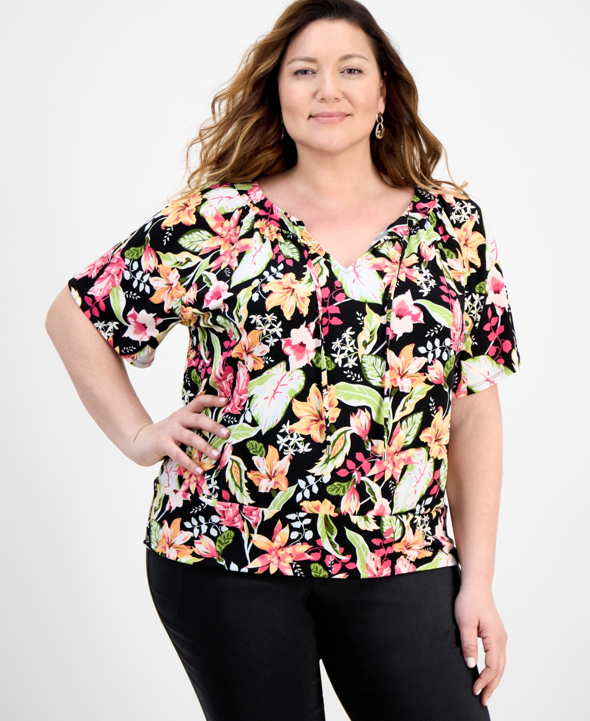 Plus Size Printed Tie Split Neck Top, Exclusively at Macy's - Magnolia Blossom Combo