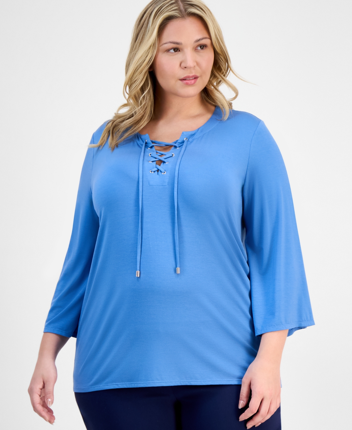 JM COLLECTION PLUS SIZE LACE-UP SPLIT-NECK TOP, EXCLUSIVELY AT MACY'S 
