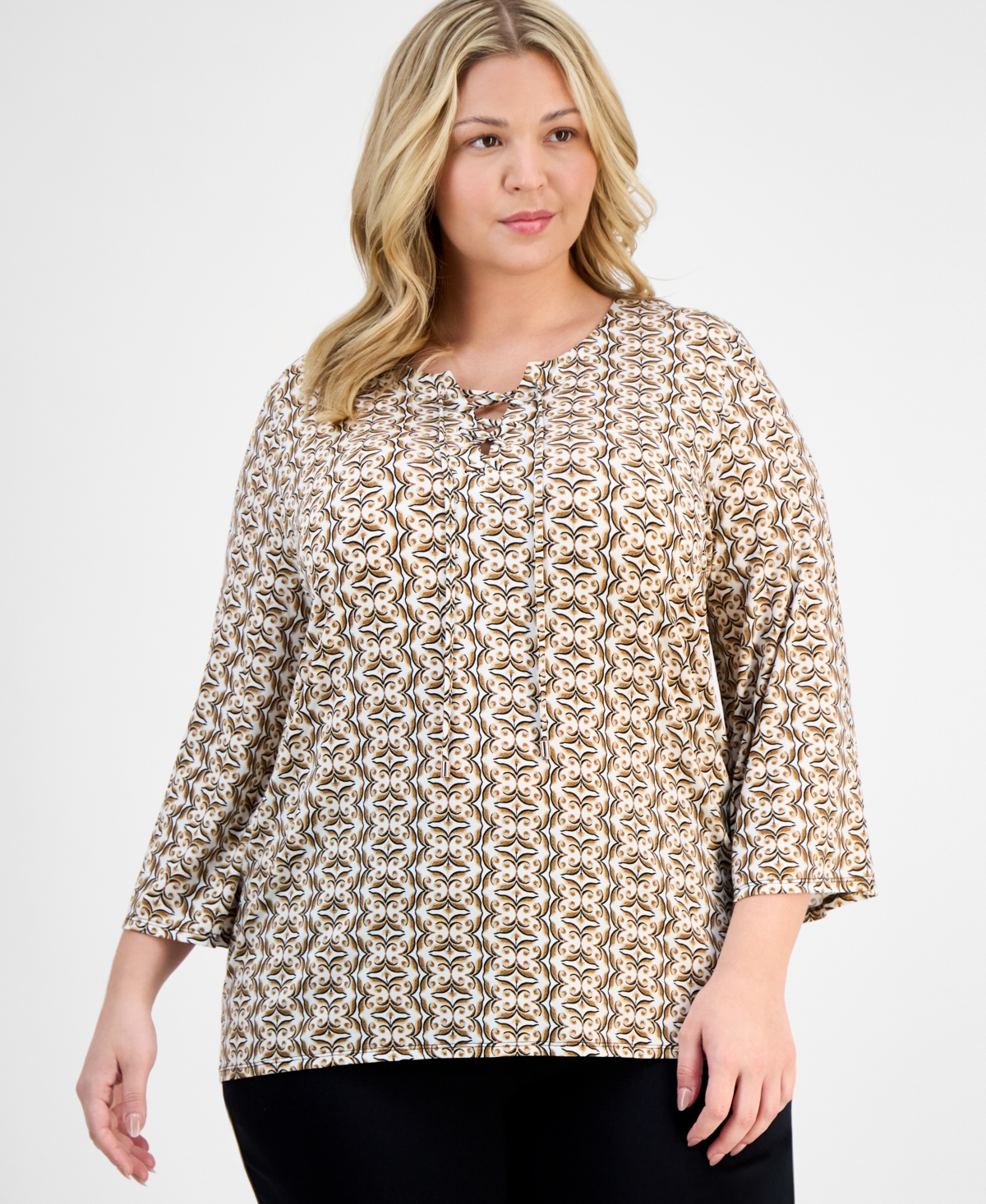 JM COLLECTION PLUS SIZE PRINTED LACE-UP SPLIT-NECK TOP, EXCLUSIVELY AT MACY'S 