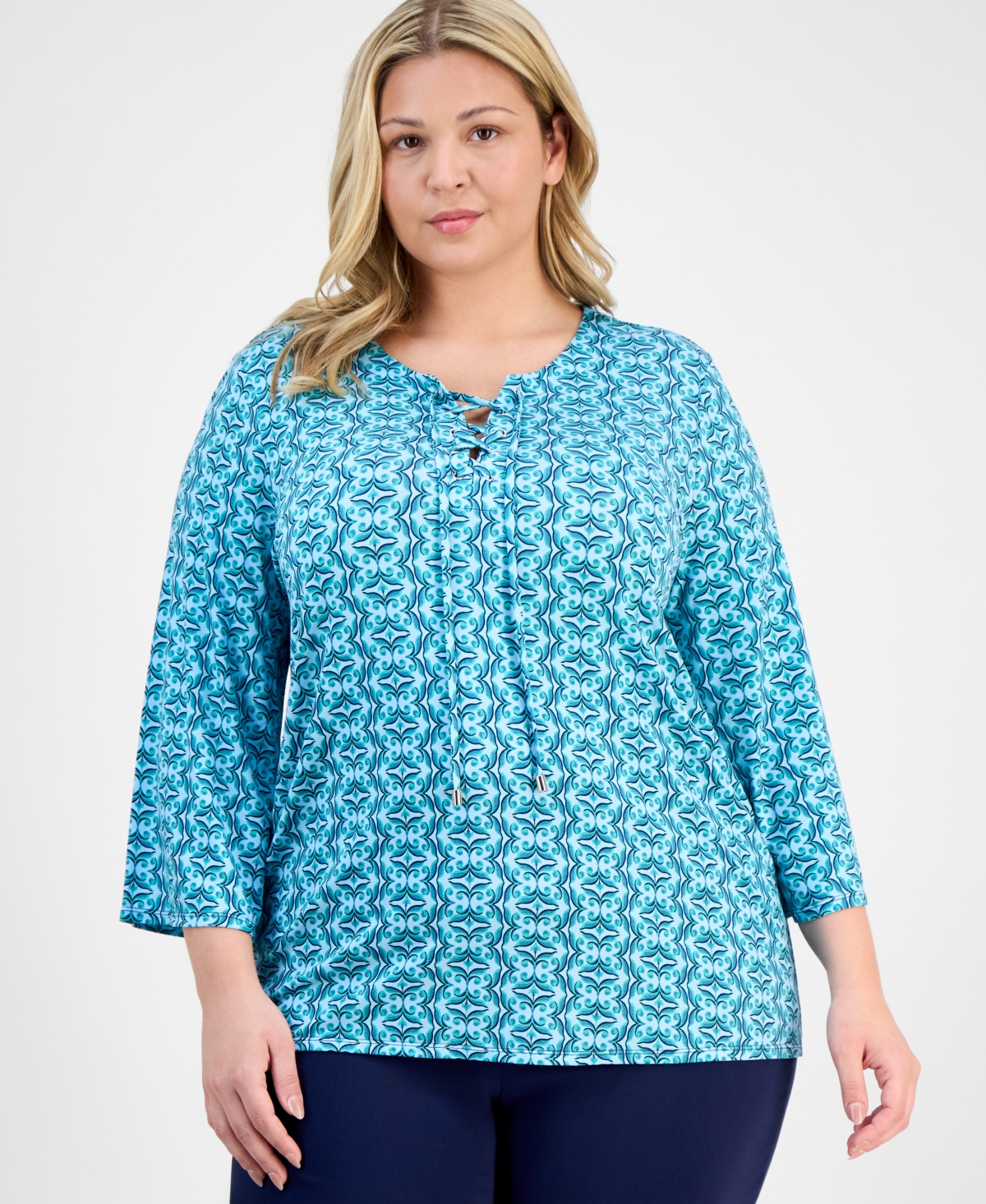 Jm Collection Petite Geometric Print 3/4-sleeve Blouse, Exclusively At Macy's In Multi
