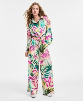 Womens Tie Front Printed Shirt Ines Wide Leg Pants