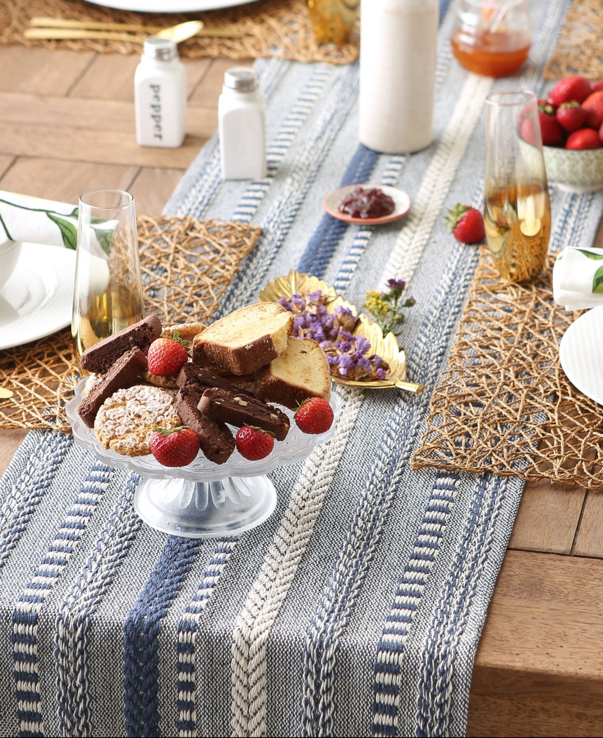 Design Imports Braided Stripe Jacquard Fringe Table Runner, 15" X 108" In French Blue