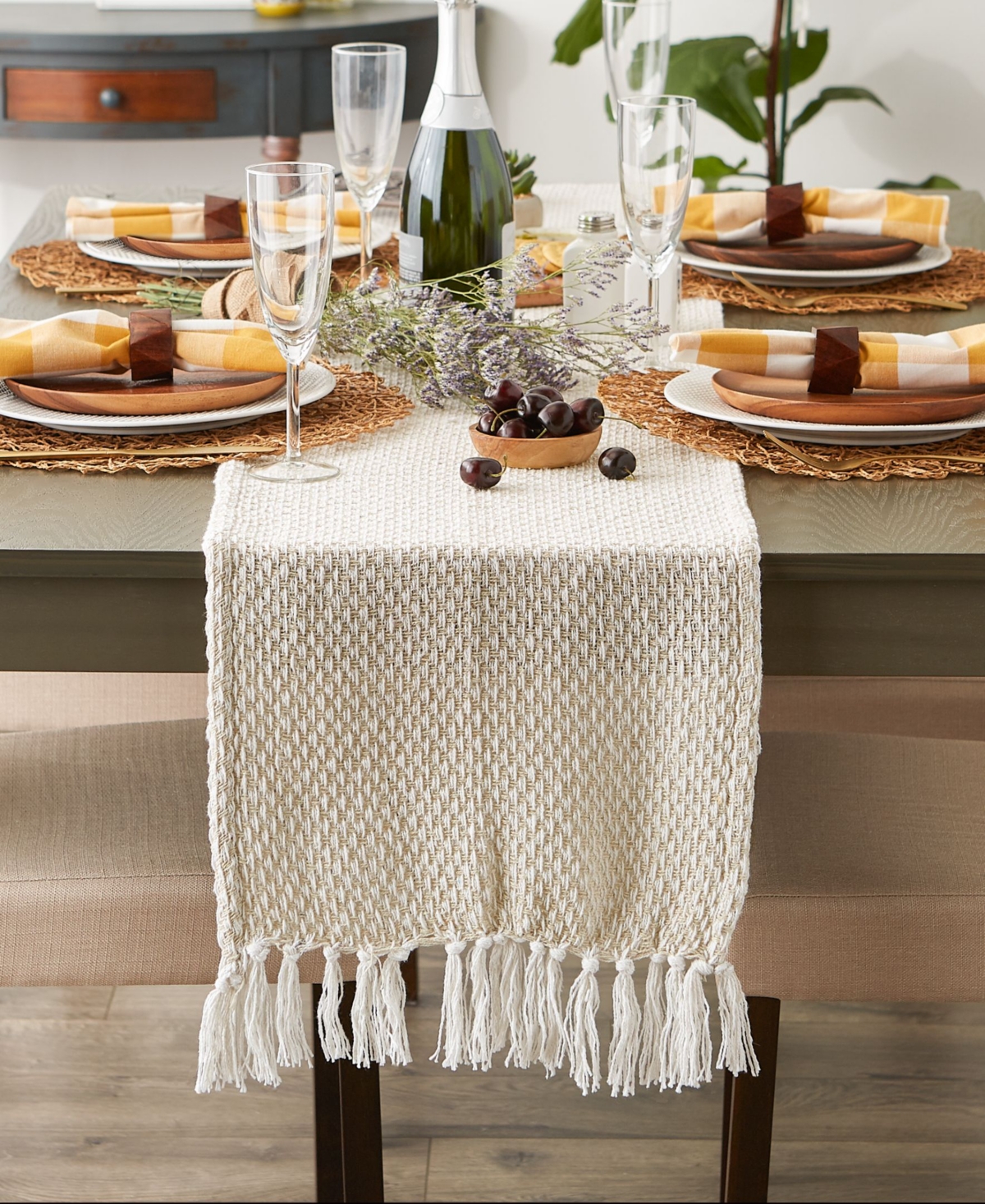 Design Imports Woven Jacquard Fringe Table Runner, 15" X 72" In Natural