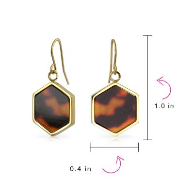 Hexagon Brown Tortoise Shell Dangle Earrings Gold Plated Stainless Steel