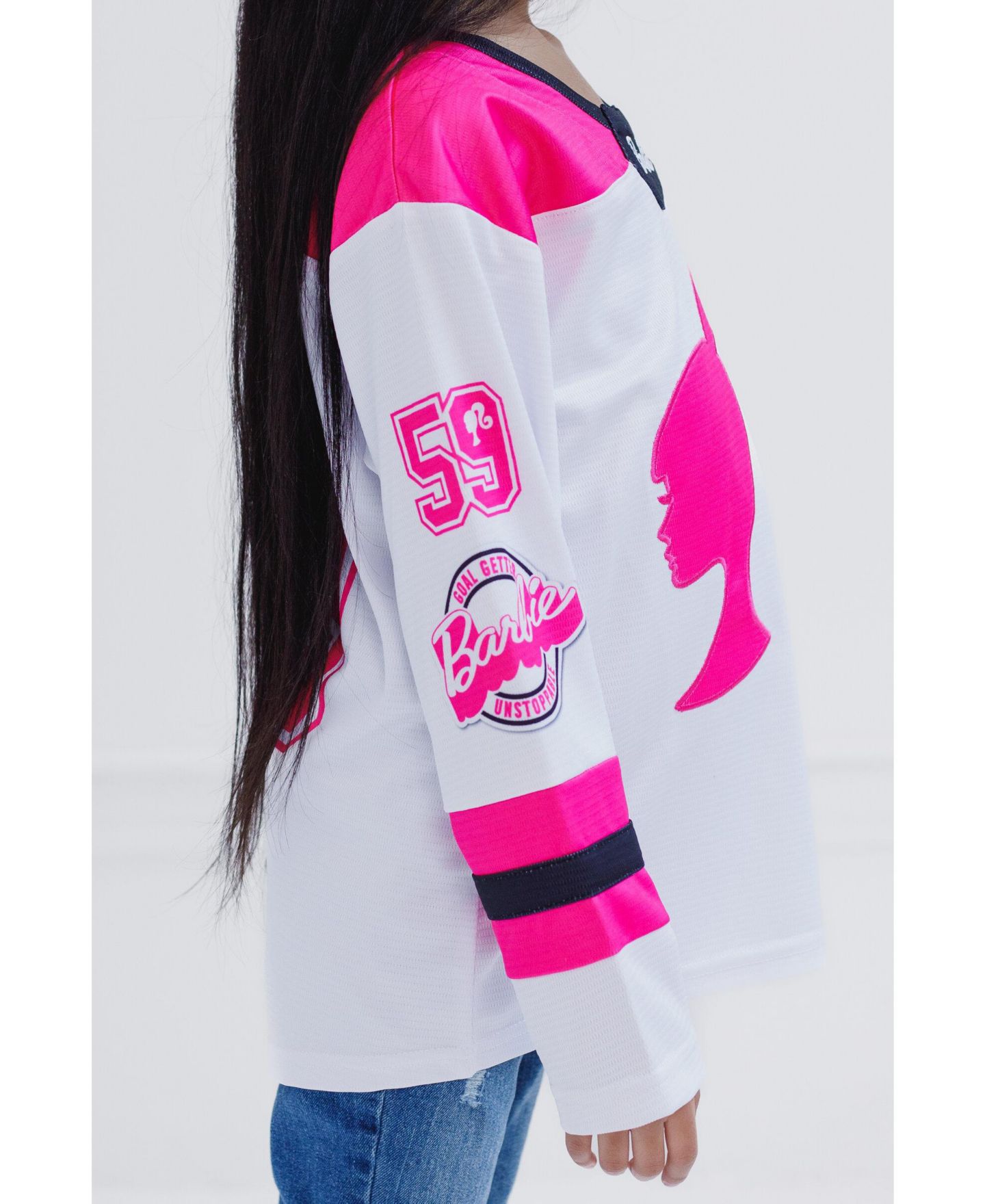 Футболка Barbie Mesh Hockey Jersey Long Sleeve T-Shirt для девочек, цвет: Розовый / Белый — фото 4
