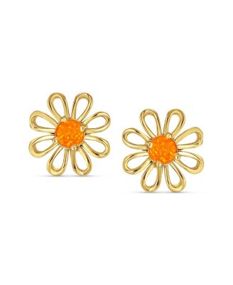 Orange Fire Opal Daisy Flower Stud Earrings 14K Gold Sterling Silver