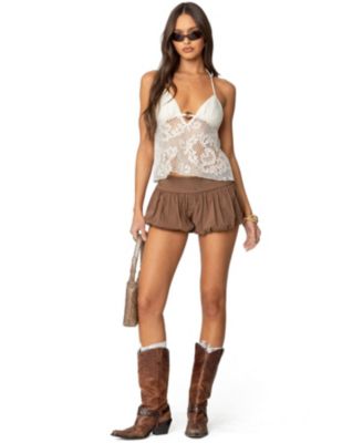 Womens Sheer Crochet Babydoll Halter Top