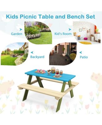 Kids Wooden Picnic Table Set Solid Dining Table with Built-in Benches for Patio