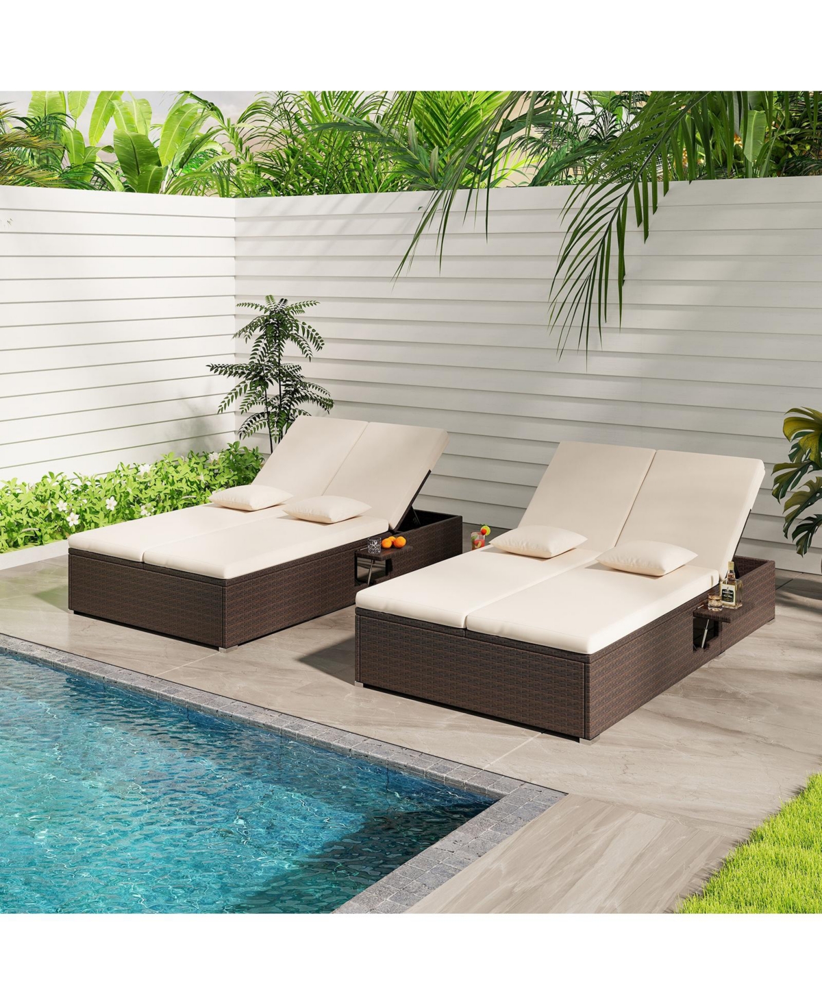 Patio Double Chaise Lounge with Cushions and Folding Side Trays