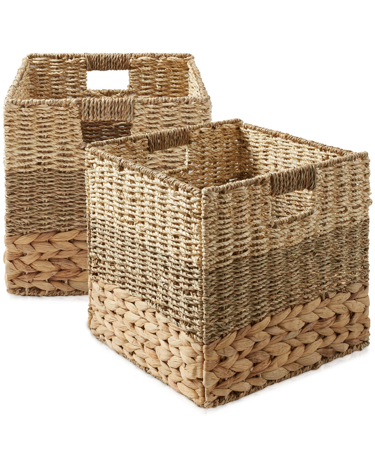 13&#x22; x 13&#x22; Mixed Weave Storage Baskets, Natural - Set of 2 Collapsible Cubes, Woven Bin Organizers for Bathroom, Bedroom, Laundry -
