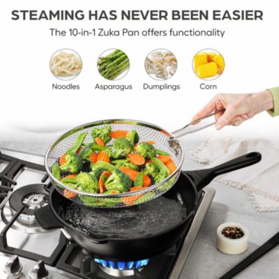 Zuka Everyday Pan 3.25 Qt. Ceramic 10 in 1 Nonstick Multi-Functional Saute Pan with Lid, Nylon Spoon, & Steamer Basket