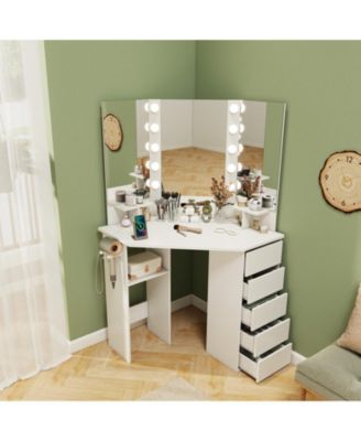 Corner Vanity Desk with 3-Color LED Lighted Mirror & Power Outlet Stylish Makeup Desk for Bedroom