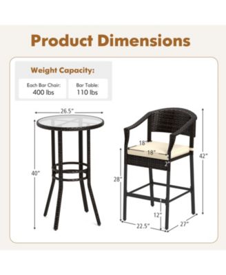 3-Piece Patio Rattan Bar Set with Tempered Glass Top for Backyard Poolside