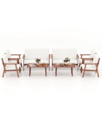 8PCS Conversation Set Acacia Wood Sofa Coffee Table w/ Cushioned Seat Patio