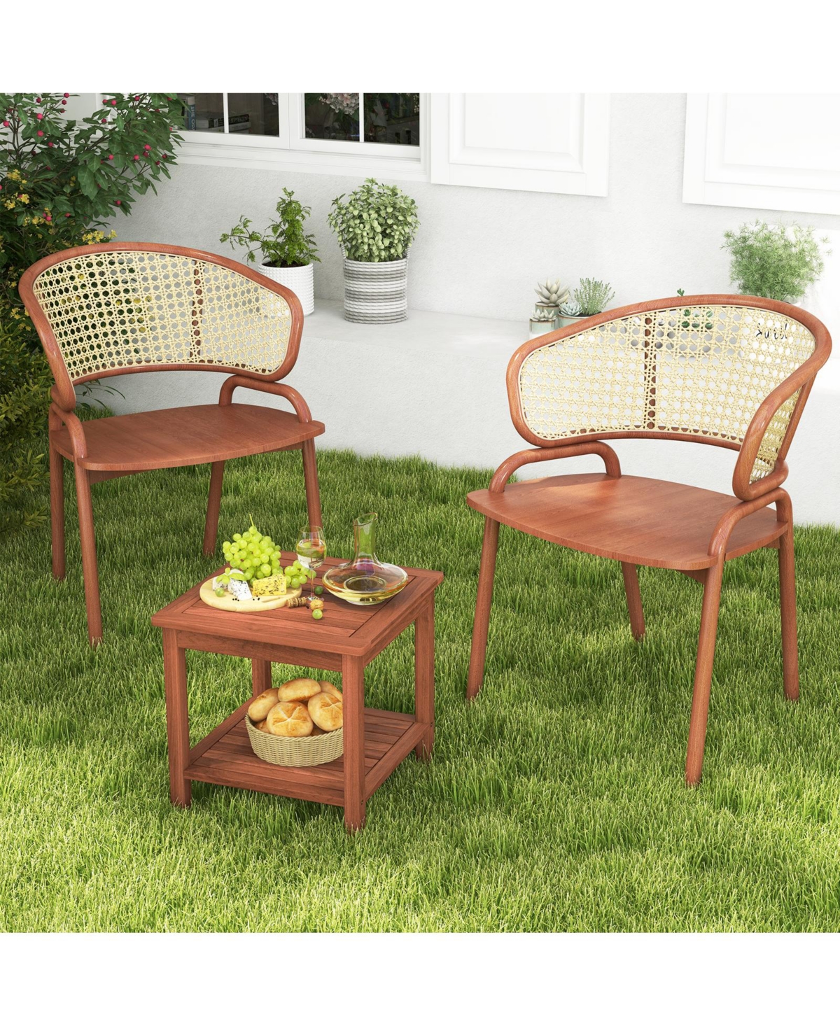 Set of 2 Double-Tier Acacia Wood Patio Side Table with Slatted Tabletop and Shelf